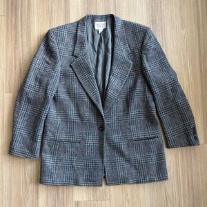 Vintage Bretton Place Blazer Gray Plaid Wool One Button Women 14 Academia Preppy
